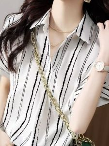 Stylish Striped Short-Sleeve Blouse for Women Summer Fashion Chic Chiffon Shirt Age-Reducing Casual Work Clothing
