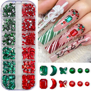 Bộ Đá Trang Trí Móng Tay Giáng Sinh 3D 12 Ô Màu Đỏ & Xanh Lá Nhiều Hình Dạng: Vuông Tròn Mặt Trăng Bướm Đá Thủy Tinh Dùng Cho Làm Móng Tự Làm