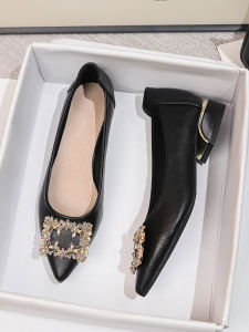 Comfortable Soft Leather Flat Bottom Work Shoes for Women Diamond Embellished Buckle Professional Standing for Long Hours