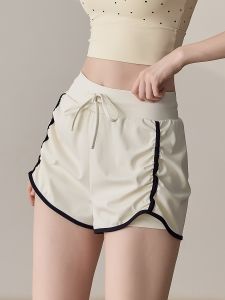 Lanwen Contrast Color with Lining High Waist Pleated Drawstring Yoga Pants Running Exercise Shorts Training Fitness Hot Pants Female Summer