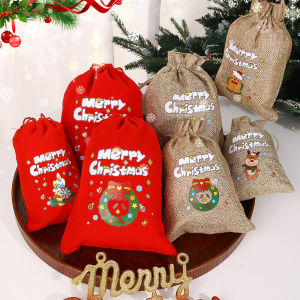 Christmas Candy Gift Bag Big Red Velvet Bag Cartoon Christmas Pattern Gift Peace Decoration Drawstring Packaging Bag