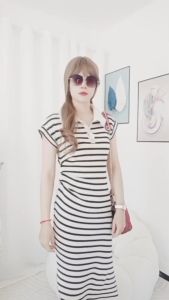 Đầm nữ dài dáng ôm chiết eo cổ polo kẻ sọc xẻ tà một bên thiết kế sang trọng thời trang mùa hè