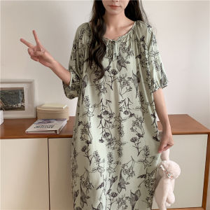 New Chinese Style Cotton Silk Sleep Dress Women Summer Thin Lantern Sleeve Nightgown Indoor Outdoor Wear Sweet Home Clothes