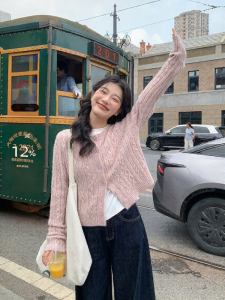 Mixd | Áo Cardigan Dệt Cáp Màu Hồng Cổ Tròn