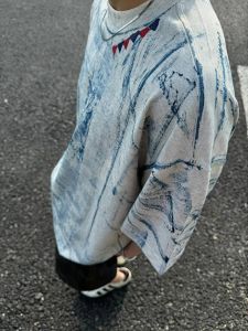 American Retro Tie-Dye Full Print Dirty Distressed Short Sleeve T-Shirt Mens Summer Trendy Loose Casual Half Sleeve Top