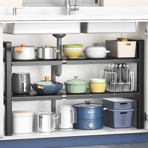 BW | Kitchen Sink Storage Rack Expandable Cabinet Multi-layer Shelf Rustproof 201 Stainless Steel Nordic Style No-drilling Installation