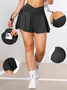 Womens Tennis Skirt with Pockets Crossover High Waisted Athletic Golf Skorts Running Workout Skirts 2 in 1 Fashion Streetwear