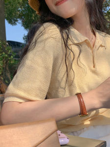 Light Cream Yellow Ice Silk Short Sleeve Polo Collar Knitted Shirt Women Summer Thin Korean Style Small Size T-Shirt Top