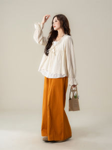 SHANGWEILUO | French Style Almond Color Embroidered Lace Collar Fake Two-Piece Long Sleeve Shirt