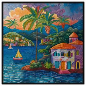 Tranh ngôi làng bên bờ biển phong cảnh biển đảo đơn giảntranh treo tường dán tường trang trí nội thất đẹp .CGI-594