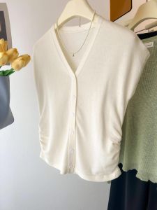 Ice Silk Knitted Short Sleeve Open Cardigan V-Neck Tiny Puff Shaped Summer Clothes Chic Wrap Style Pure Colored Loosen Fit