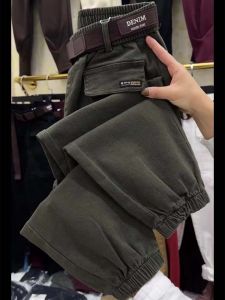 ฤดูใบไม้ผลิ ฤดูใบไม้ร่วง ล้างใหม่ เดนิม ผ้าฝ้าย 9 ชิ้น กางเกง ลำลอง ผู้หญิง เอวสูง พรางหุ่น Harem กางเกง มีสไตล์ All-Match Cuffed กางเกง