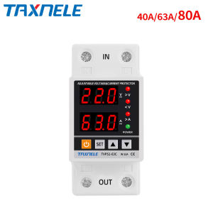 TAXNELE Dual Display 40A 63A 80A 230V Din Rail Adjustable Digital Over Under Voltage Relay Surge Protector Limit Over Current Protection