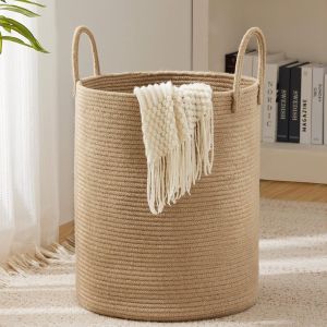 Large Storage Basket Tall Woven Decorative Laundry Hamper With Handles Foldable Cotton Rope for Clothes Kids Toys Living Room