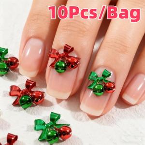 10Pcs 3D Christmas Bow Bell Nail Charms Aolly Bells Pendant Nail Art Decorations Xmas Party Red Green Bell Manicure Accessories