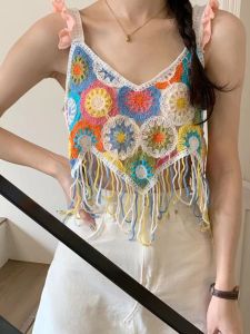 Summer Womens 2025 New Dopaamine Hooked Floral Hollow out Vacation Top Short Thai Style Vest Small Shirt Tassel Trim