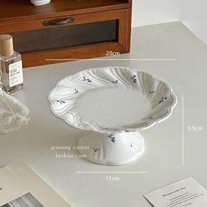 French Vintage Ceramic High Foot Tray Decorative Accessories Afternoon Tea Dessert Cake Tray Incense Storage Tray Desktop Storage Organizer
