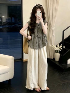 Ge·an·fei | Bộ 2 Món Áo Xanh Kiểu Hàn Cao Cấp và Quần Ống Rộng Trang Phục Mùa Hè Cho Nữ