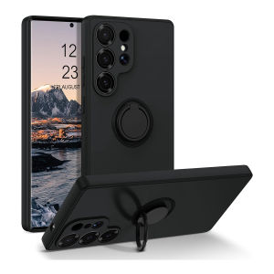 For Samsung Galaxy S25 Ultra Liquid Silicone Phone Case with Ring Stand Magnetic Shockproof Anti-Fingerprint Protective Cover