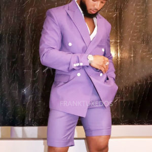 Men Suits 2 Pieces Best Man Groom Wedding Tuxedo Slim Fit Peak Lapel Double Breasted Jacket Short Pants Set for Party Prom