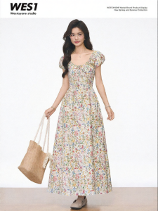 WESTAYONE | Floral Puff Sleeves Waist-Cinching Womens Dress