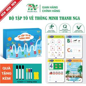 Bộ 64 trang tô vẽ thông minh xoá được Thanh Nga. Bé tập tô chữ số các nét cơ bản. Flashcard khổ A4 bìa cứng chống thấm. Đồ chơi giáo dục sớm