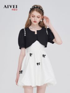 Aivei Summer 2023 Small Fragrance Style Shoulder Bared Dress Two-Piece Set Princess Ball Gown Polyester Rayon Spandex Short Skirt