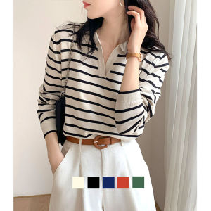 CHICCHIC Áo thun tay dài thời trang Hàn Quốc Áo sơ mi sọc nữ