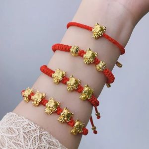 3Pcs Dragon Year Gold Plated Red Rope Chain Braided Bracelets for Women Men Handmade Fashion Lucky Jewelry CNY Gifts