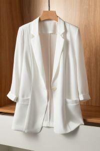 เสื้อสูทผ้าชีฟองบางสำหรับผู้หญิง ฤดูร้อน 2024 ใหม่ หลวมๆ ลำลอง สีขาว ป้องกันแสงแดด ชุดสูทขนาดเล็ก เสื้อผ้าทำงาน