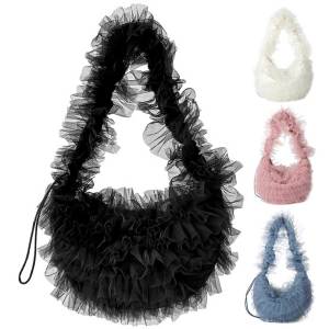 2thWomen Lace Pleated Handbag Solid Color Chic Yarn Shoulder Bag Large Capacity Tote Hobo Purse for Party Wedding