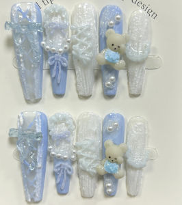 10PCS Cute Pink Blue Lolita French Lace Handmade Press On Nails 3D Teddy Bear Bow Pearl Fake Nails Sweet Elegant Long Nail Art