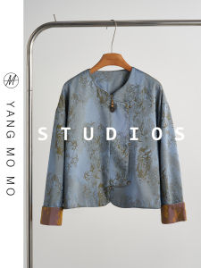 New Chinese Style Retro Zen Short Jacket Womens Fashionable Top Commute Straight Tube Long Sleeve round Neck Polyester Blend