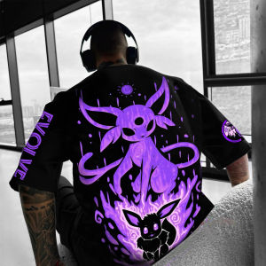 Bandai | Summer 2026 New Pokemon Cotton T Shirt Eevee Espeon Back Print Purple Fire Effects Loose Fit Men Women Casual Anime Fashion