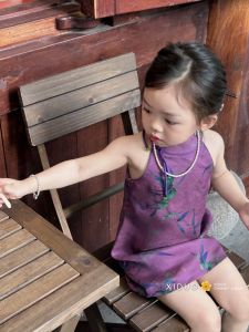 New Chinese Style Girls Dress Summer 25th Version Retro Purple Improved Qipao Skirt Childrens Clothing Traditional Ethnic Fashion