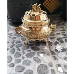 Hiolo Kuningan Motif Naga Dengan Tutup Tempat Bakar Dupa Buhur Bokor Kuningan 1 pcs
