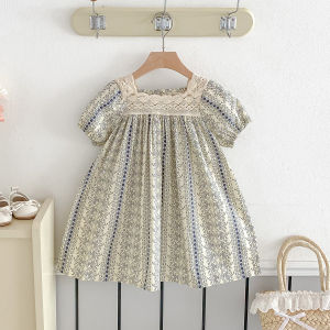 Vintage Girl Floral Lace Dress Princess Vestido Short Sleeve Summer Dress Casual Costumes Children Clothing Kids Clothes
