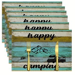VIKAMA 4/6PC Camping-Themed Placemats Black-Letter Mountain RV Vintage Outdoor Camping Family Gathering