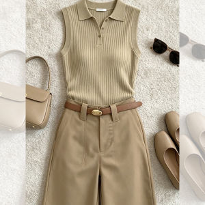 SHAXU | High-end Khaki Knit Tank Top and Shorts Set