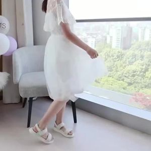 332Girls Summer Lace Dress Short Sleeve Performance Princess Skirt White Cotton Korean Style Childrens Dress Kids Fashion Clothing