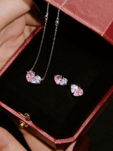 Pink Heart Shaped Silver Necklace Diamond Embedded Fashionable Earrings Womens Luxury Design Valentines Day Gift