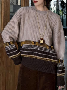 QINGNAER | Casual Style Mixed Color Round Neck Long Sleeve Loose Versatile High End Knitted Sweater