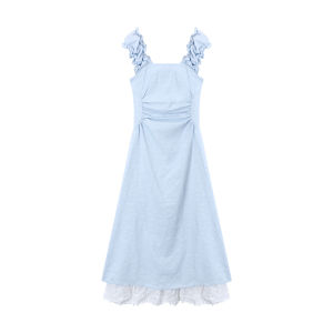 Kumikumi Vacation Style Blue Lace Dress Womens Summer Fake Two-Piece Age-Reducing Cutout A- line Skirt Large Swing Skirt