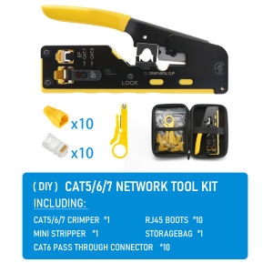 RJ45 Network Tool Kit CAT7 CAT5 CAT6 Crimper Tool Pass Through Connectors Plug Covers Mini Wire Stripper Storage Bag