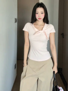 YUEZHONGWEI | French Butterfly Knot Short Sleeve T-Shirt Womens Summer Slimming Short Style V-neck Top Korean Version Commute Style