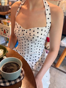 แปลกPuss Polka Dotพิมพ์ผู้หญิงHalterต่ําคอผ้าพันคอRufflesแขนกุดผอมฤดูร้อนStreet Basicเสื้อกั๊ก