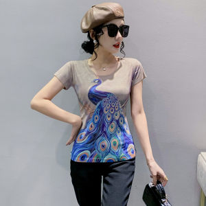 REHIN Womens top Summer new fashion unique print short-sleeved T-shirt cotton bottoming shirt S-3XL slim fit blouse