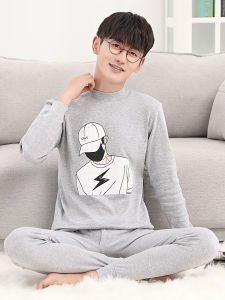 Teenage Boys Pure Cotton Warm Underwear Set Thin Model Cotton Sweater Long Sleeve round Neck Cartoon Print Moisture Wicking