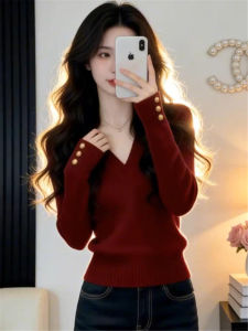 Red V-Neck Long-Sleeve Knit Sweater Warm
