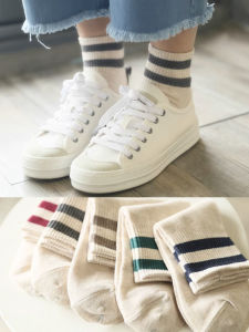 Womens Spring Autumn Cotton Sports Socks Two Bars Mid-Calf Pure Cotton Korean Style Short Socks Breathable Moisture Wicking